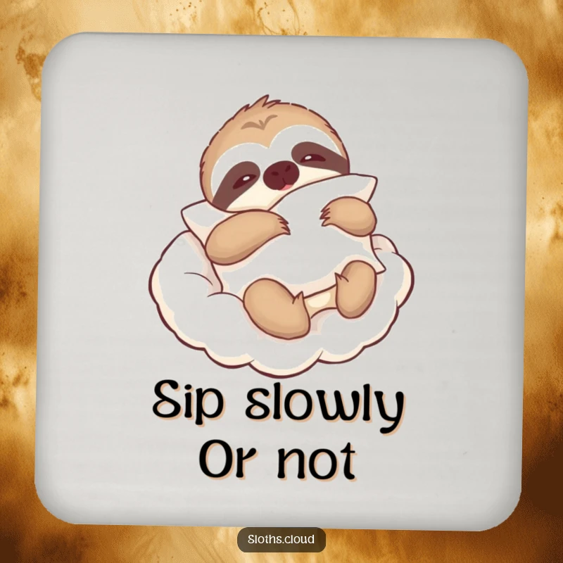 Funny drink coaster featuring a lazy sloth holding a pillow, drifting on a cloud, protecting surfaces with peace.