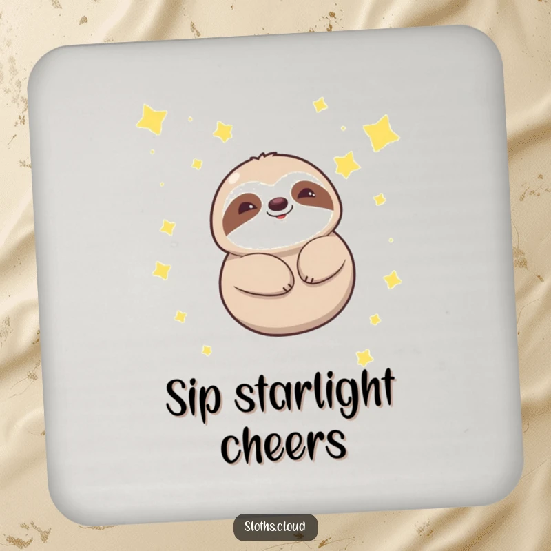 Funny kawaii sloth coasters showing a sloth floating serenely amongst stars, great for protecting furniture with a peaceful and dreamy design.