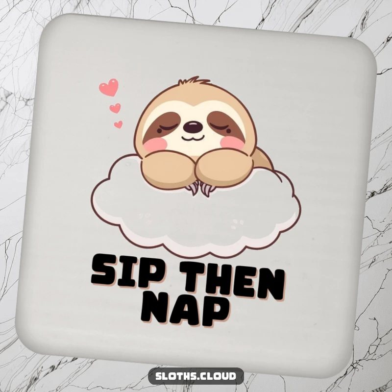 Funny kawaii sloth coasters showing a sloth napping on a cloud, great for protecting furniture with a serene and humorous design.