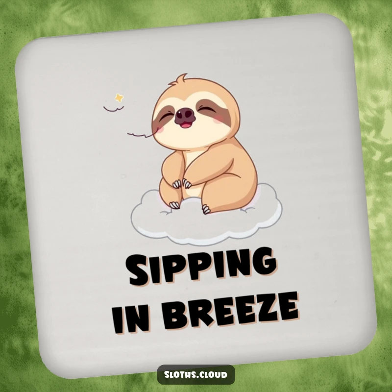 Funny drink coaster featuring a sloth enjoying a gentle breeze on a cloud, perfect for protecting surfaces with a humorous and peaceful touch.