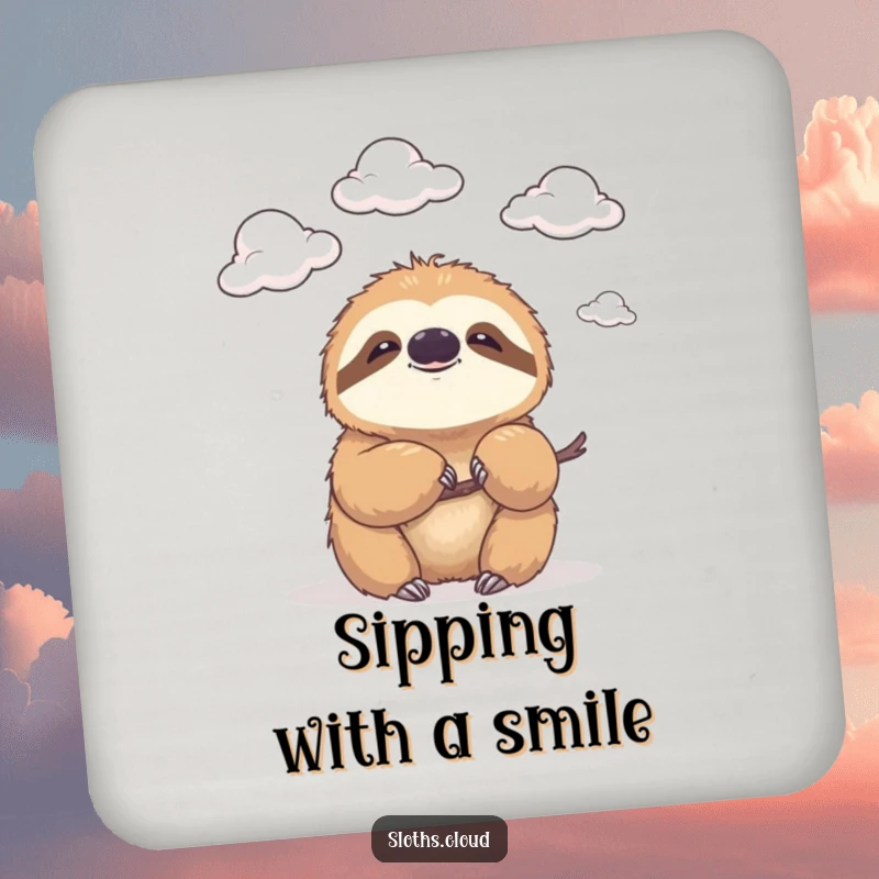 Funny drink coaster featuring a sloth with a gentle smile, watching clouds drift by, protecting surfaces with humorous charm.