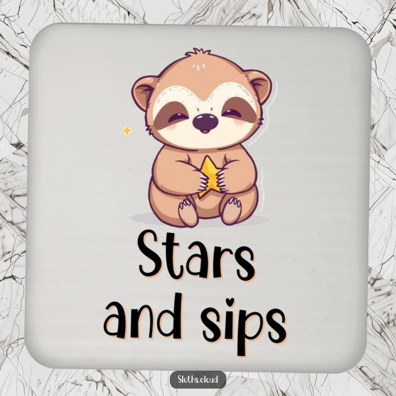 Funny drink coaster with a giggling sloth playing with a small star, bringing playful joy to your table.