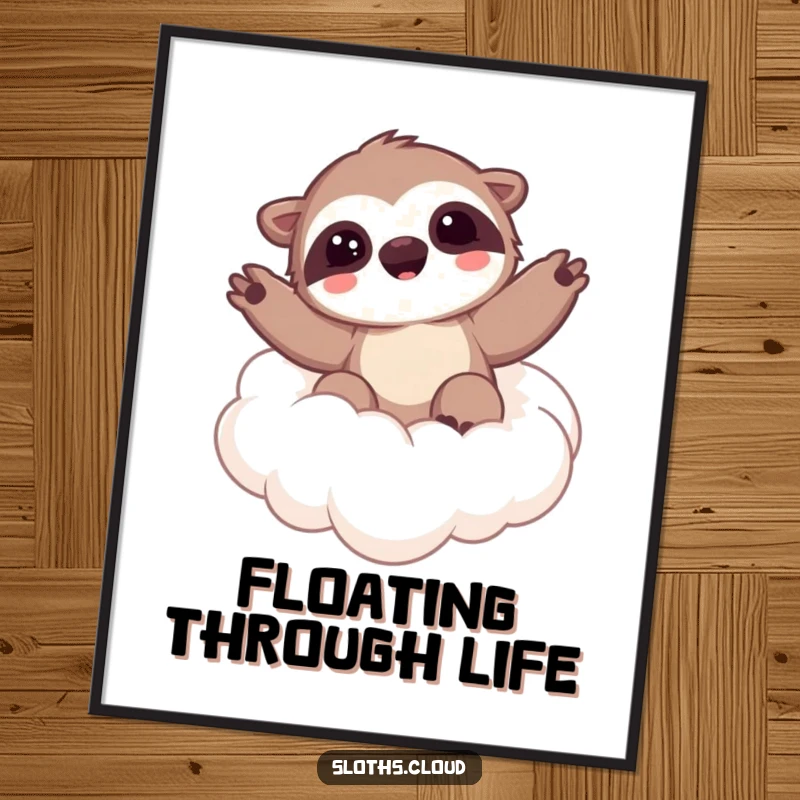 Funny poster artwork of a kawaii sloth waving from a fluffy cloud, creating a peaceful and cheerful atmosphere for any space.