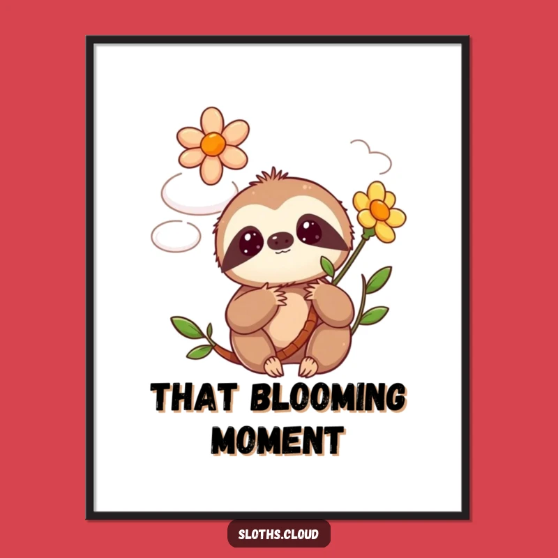 Funny Kawaii Sloth Art Print: Blooming Flower Cloud Surprise Decor