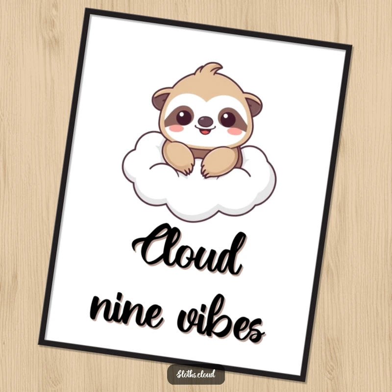Funny poster of a kawaii sloth with a big smile floating peacefully on a white cloud, perfect funny gift.