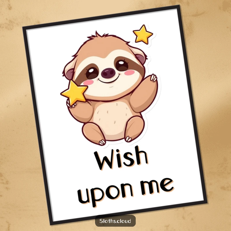 Funny kawaii sloth poster featuring a cute sloth with a silly grin tossing a shining star.