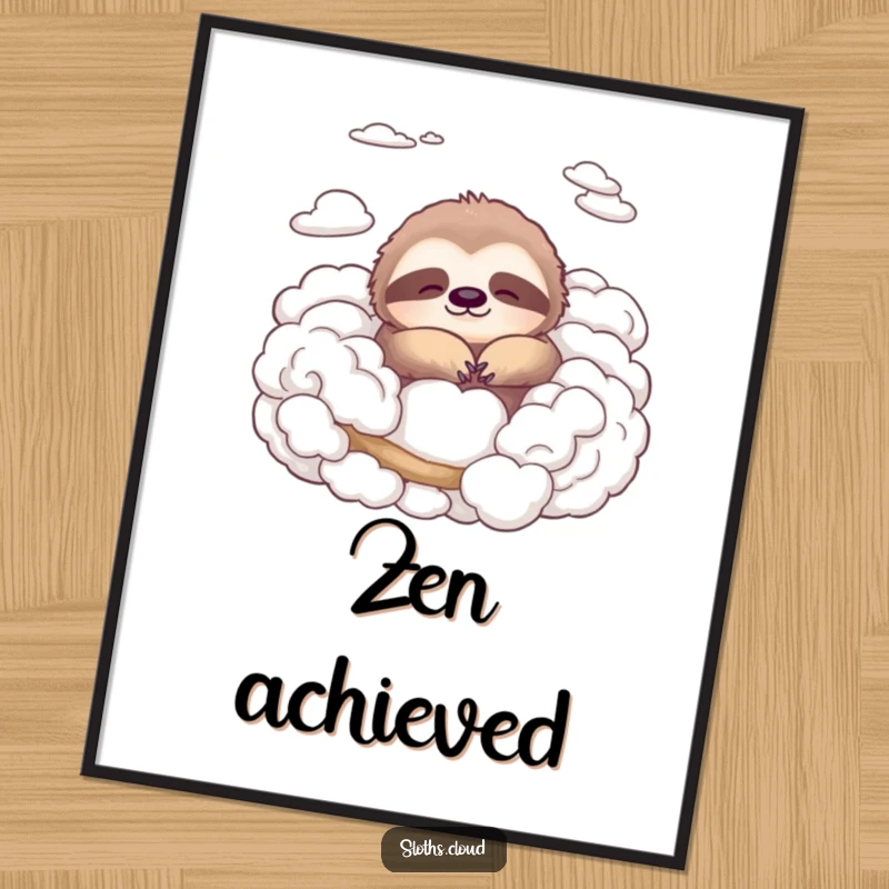 Funny poster displaying a serene sloth peacefully resting high up amongst soft, white clouds, creating a tranquil and humorous wall art piece.