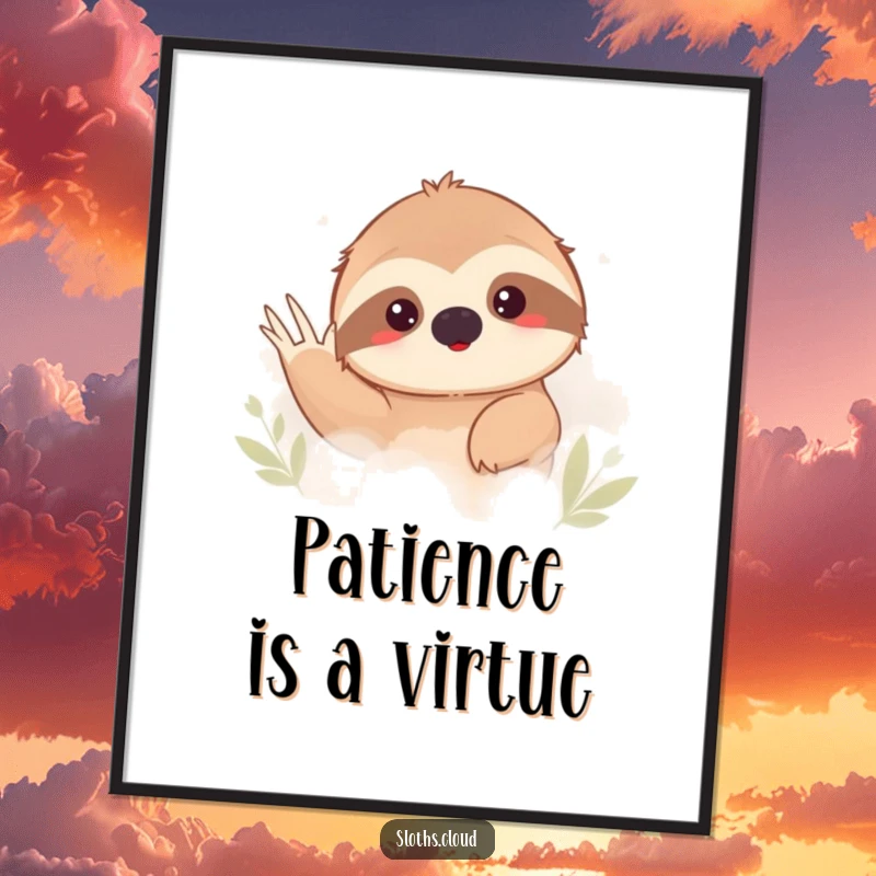 Funny sloth peeking shyly from behind thick fog, waving. Humorous wall art for sloth lovers.