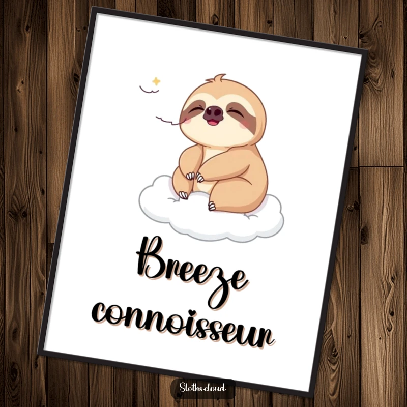 Funny poster art of a sloth enjoying a gentle breeze on a cloud, bringing a sense of peace and humor to any wall.