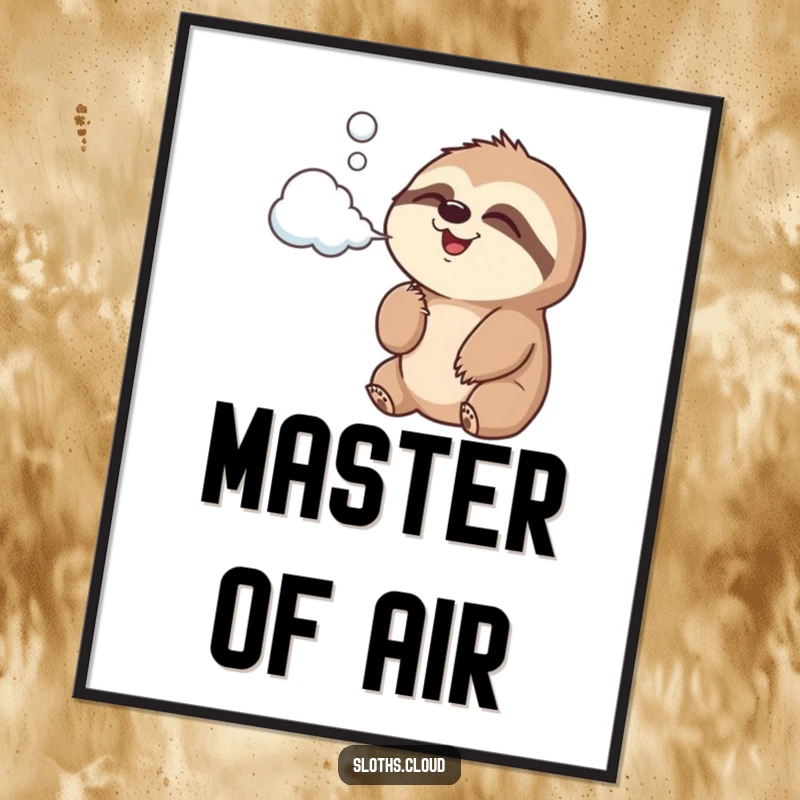 Funny Poster showing a happy sloth blowing a gentle puff of cloud-shaped air, evoking serenity and lightheartedness.