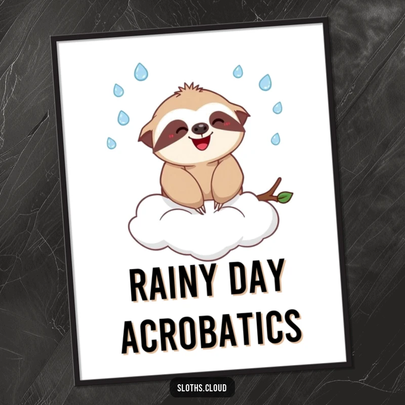 Funny poster illustrating a cheerful sloth artistically juggling small raindrops while perched on a cloud, creating a scene of delightful chaos.