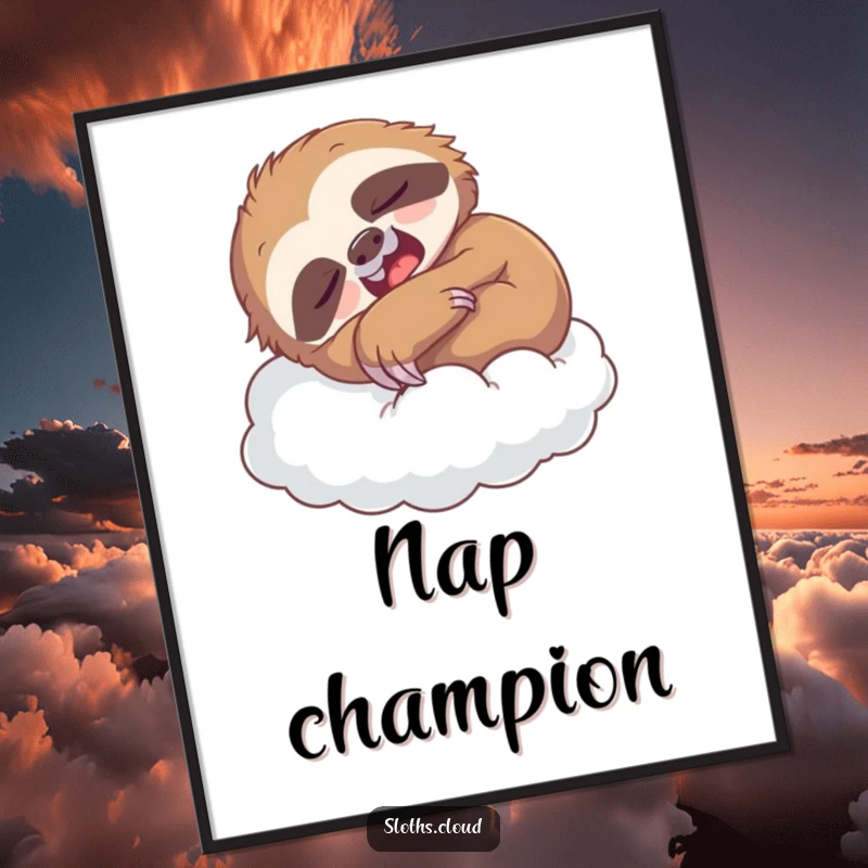 Funny poster art of a yawning sloth curled up on a cloud, perfect for adding a humorous and tranquil vibe to decor.