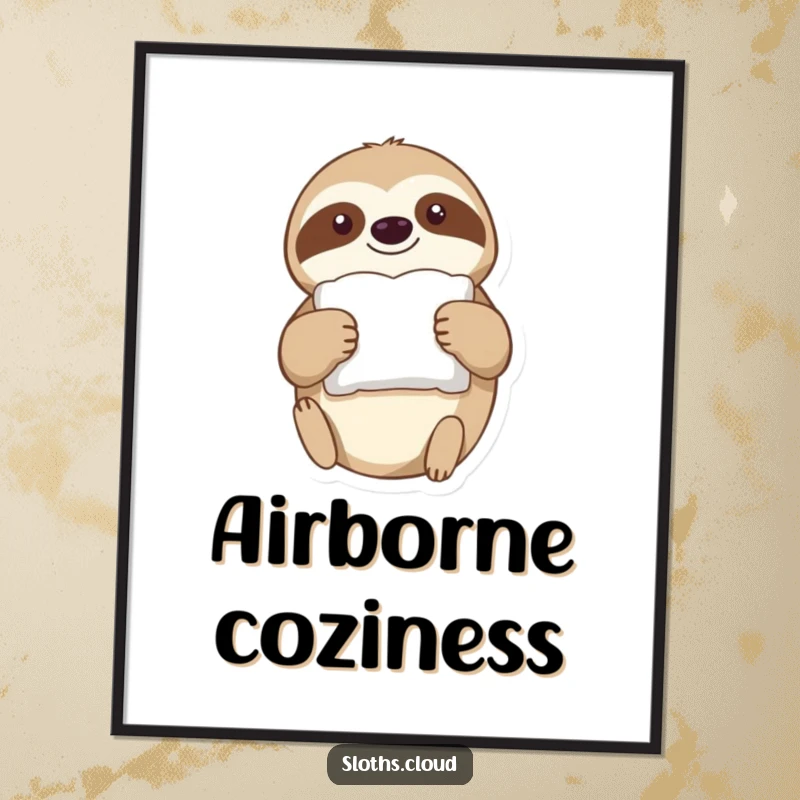 Funny Poster: A sloth drifts through the air holding a tiny, fluffy pillow, creating a serene and humorous scene.