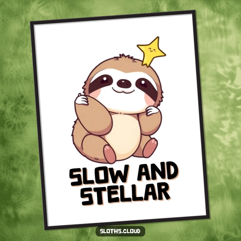 Funny poster showing a sloth gently reaching to touch a sparkling star, symbolizing dreams, hope, and steady pursuit.