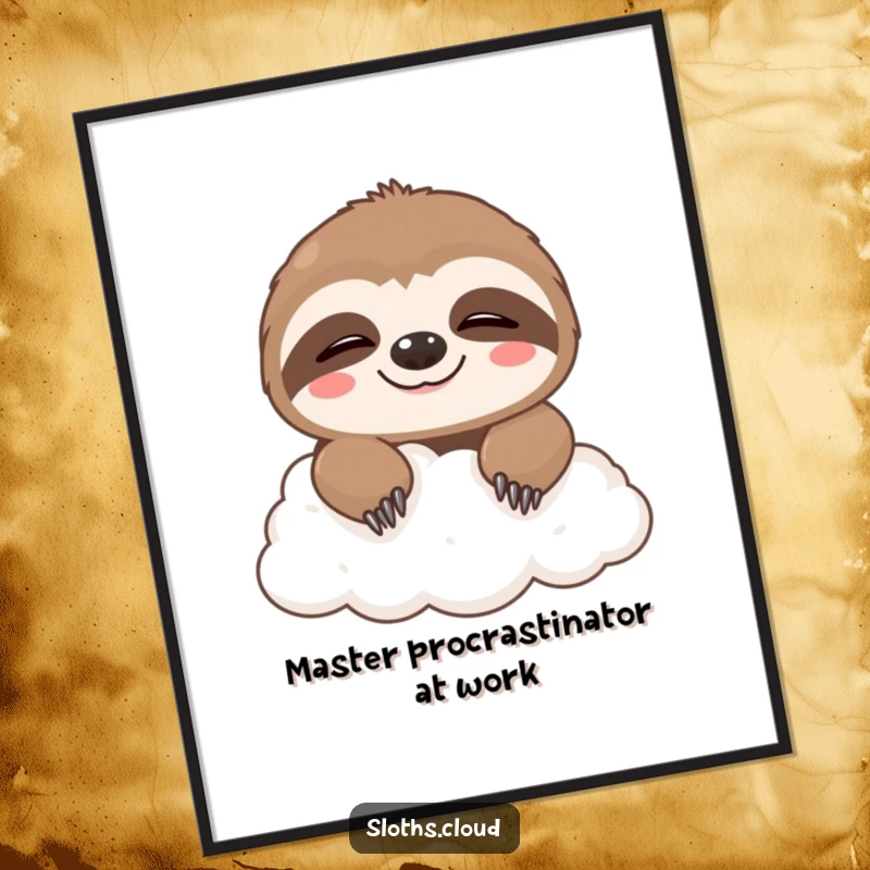 Funny poster of a cute sloth peeking over a white cloud, sporting a sleepy grin, adding whimsical humor to wall art.