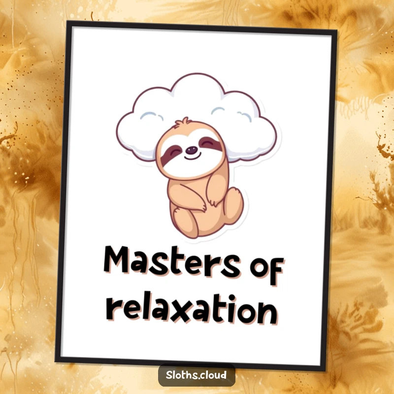 Funny poster artwork of a sloth calmly dangling from a fluffy cloud, creating a peaceful and serene atmosphere for any space.