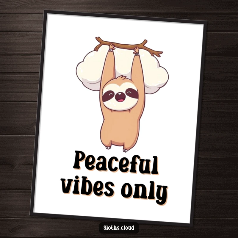 Funny kawaii sloth hanging upside down from a fluffy cloud, smiling peacefully. Humorous wall art.