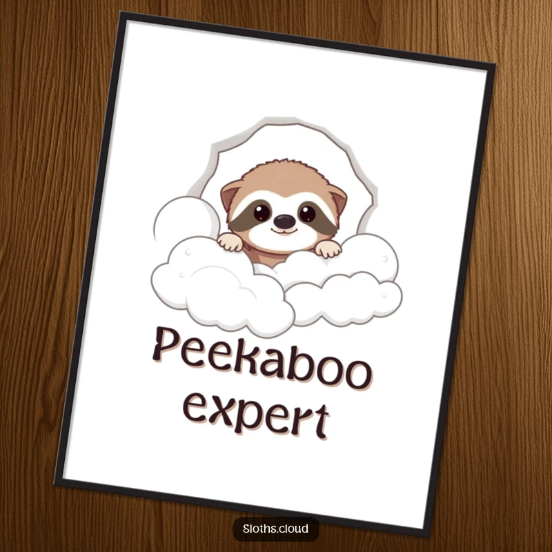 Funny poster art of a cute sloth peeking through dreamy clouds, bringing a humorous and serene atmosphere to any space.
