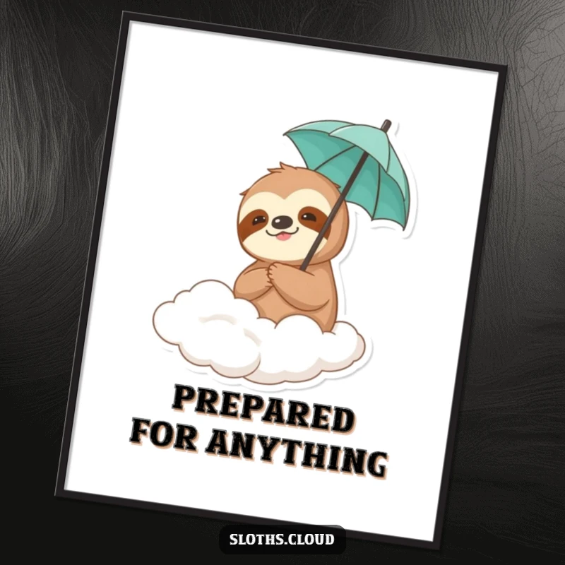 Funny sloth character holding a tiny umbrella, drifting on a cloud, depicted as charming wall art.