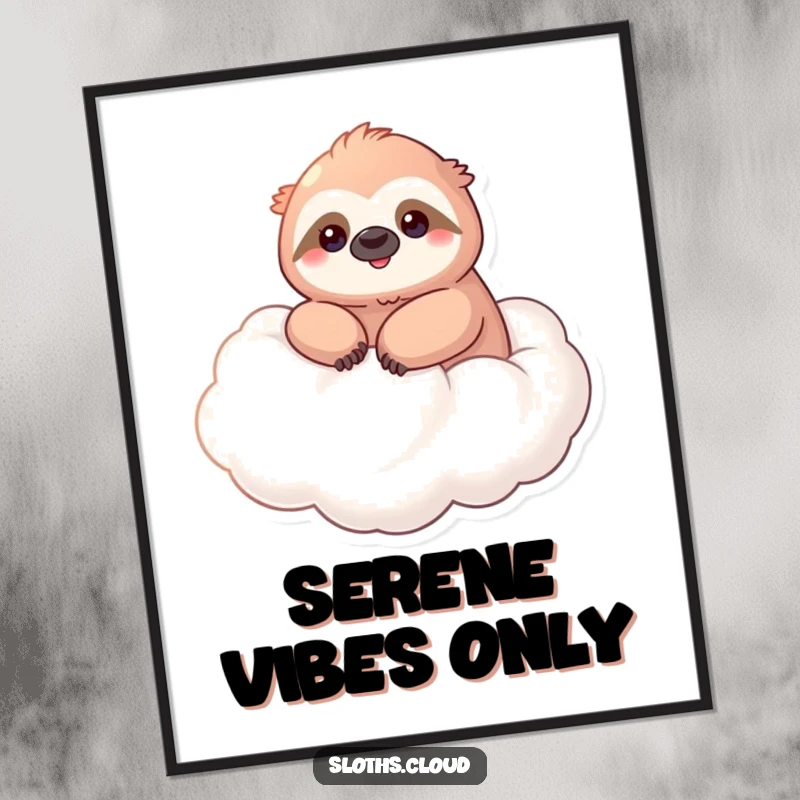 Funny poster print of a kawaii sloth smiling serenely, floating on a cloud, adding peaceful humor to any wall.