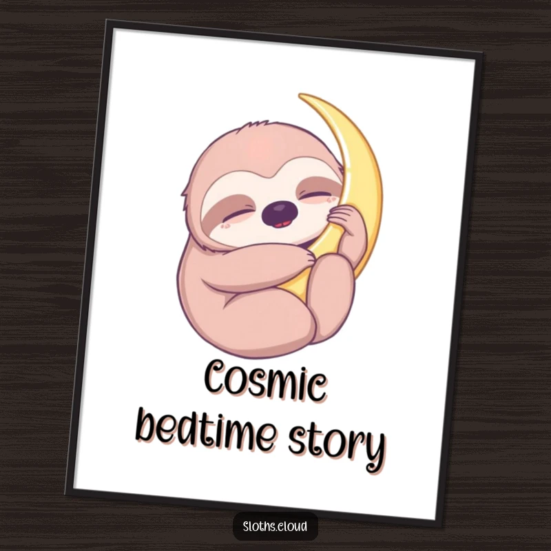 Funny poster artwork of a sloth gently hugging a crescent moon with closed eyes, creating a serene and calming atmosphere.