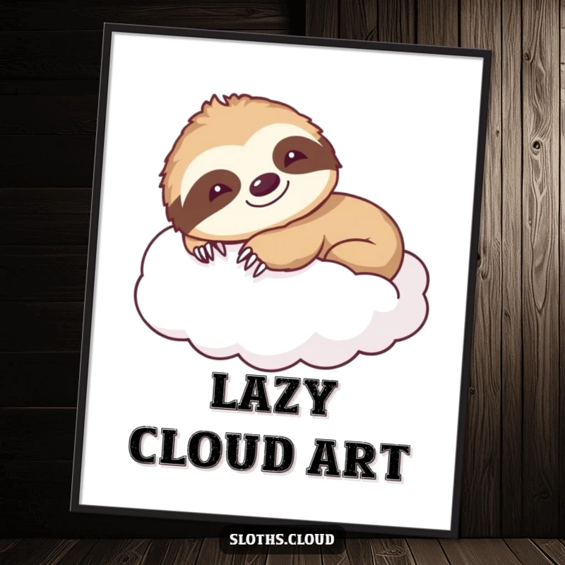 Funny poster art of a smiling sloth stretching on a fluffy cloud, perfect for adding relaxation and humor to wall decor.