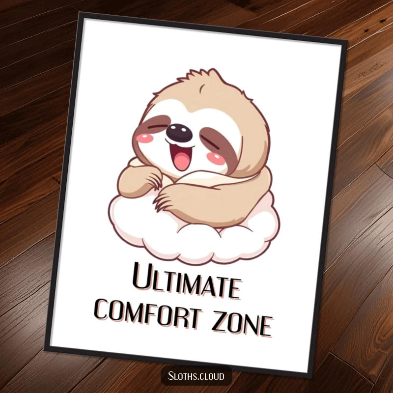 Funny poster featuring a yawning sloth contentedly wrapped in a soft cloud blanket, perfect funny gift.