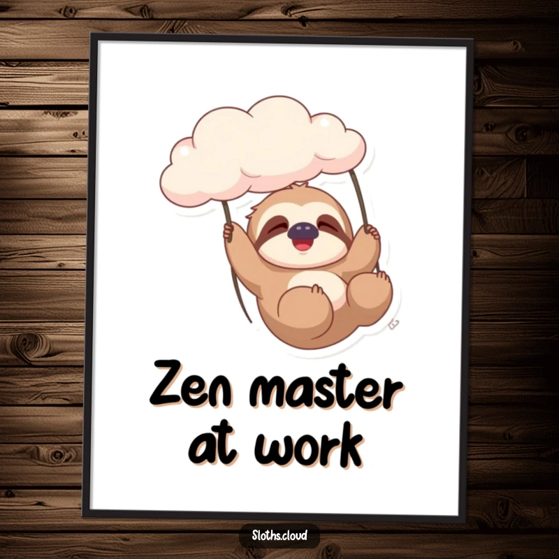Funny sloth character gracefully swinging from a cloud, looking utterly content and relaxed, perfect for calming wall decor.