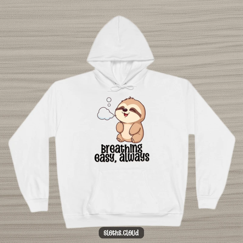 Funny Hoodie featuring a joyful sloth blowing cloud-shaped air, perfect for staying warm and spreading positive vibes.