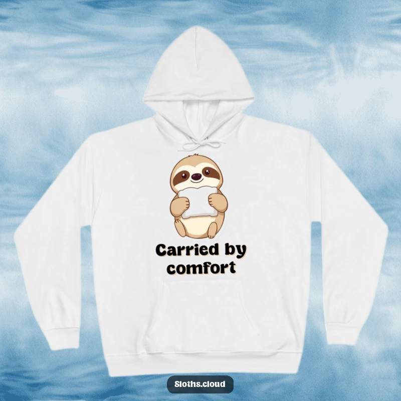 Funny Hoodie: A sloth drifts through the air holding a tiny, fluffy pillow, offering cozy comfort and humorous sleep vibes.