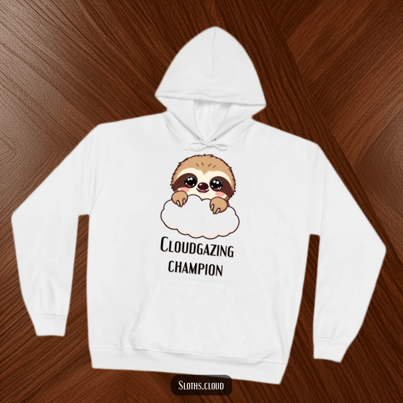 Funny kawaii sloth hoodie showing a cute sloth peeking over a cloud, its eyes wide and innocent.