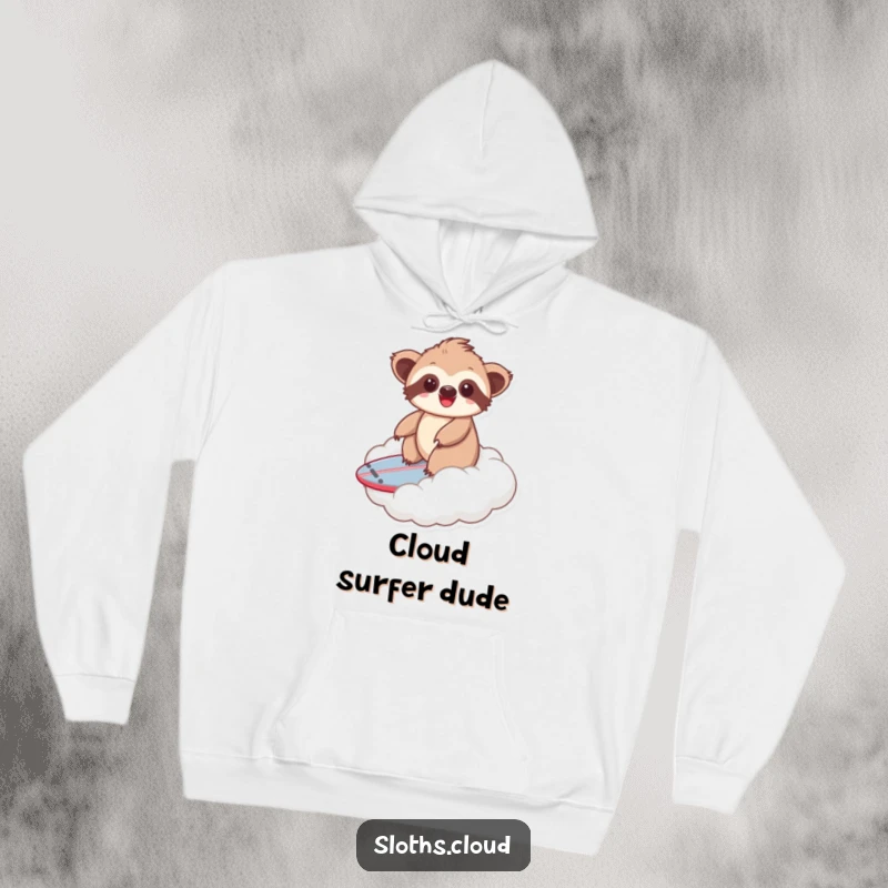 Funny kawaii sloth hoodie featuring a cute sloth riding a cloud like a surfboard, ideal for casual wear and expressing optimism.