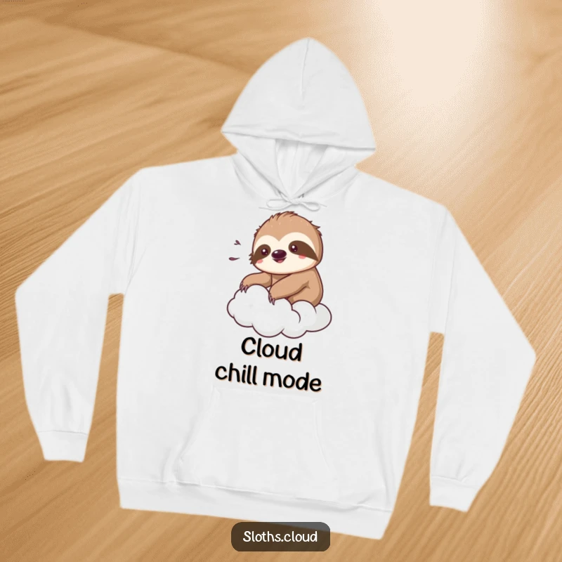 Funny kawaii sloth hoodie featuring a cute sloth comfortably enjoying a gentle breeze while lounging on a soft cloud.