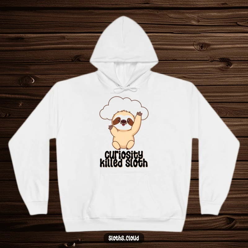 Funny hoodie featuring a sloth reaching a paw out from a cloud with a curious look, perfect for cozy exploration.