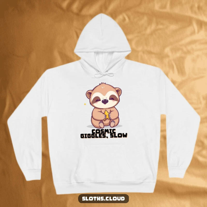 Funny hoodie featuring a giggling sloth having a blast playing with a small star, radiating warmth and playful energy.