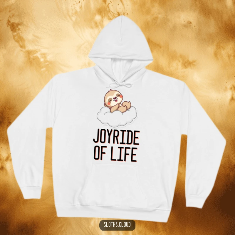 Funny hoodie depicting a sloth joyfully sliding down a wispy cloud in a swoosh, offering a sense of exhilarated, humorous movement.