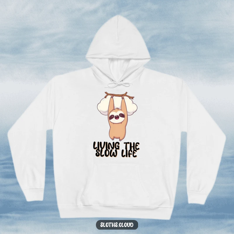 Funny kawaii sloth hanging upside down from a fluffy cloud, smiling peacefully. Cozy, humorous hoodie.