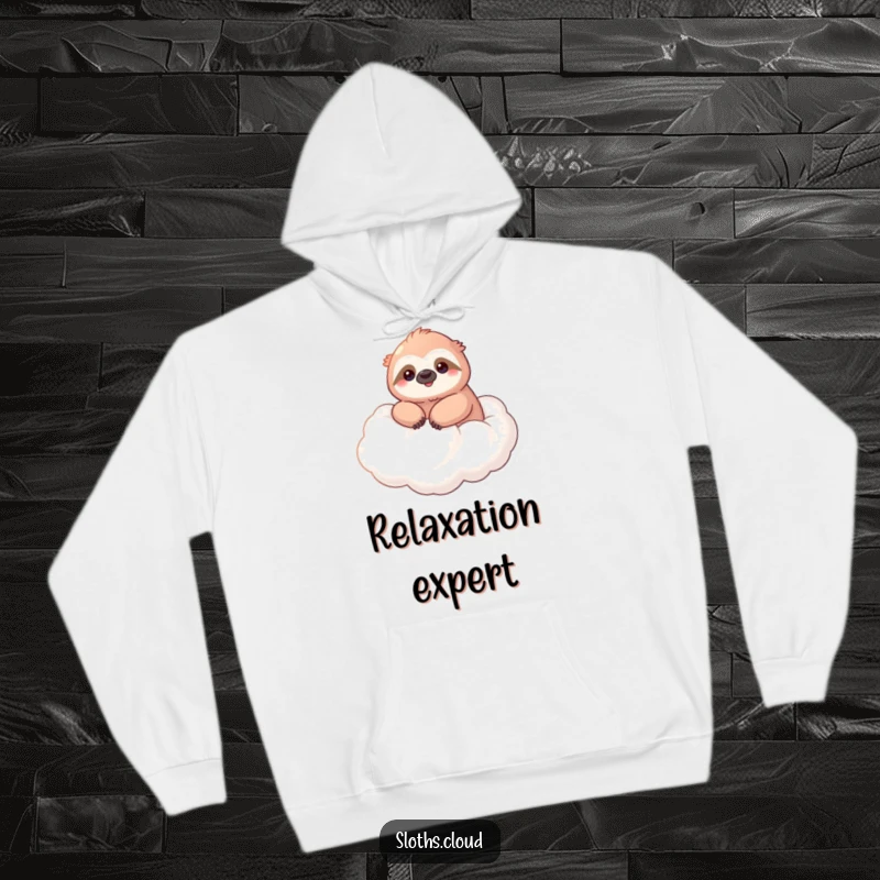 Funny hoodie featuring a kawaii sloth serenely floating on a cloud, great for cozy and peaceful vibes.