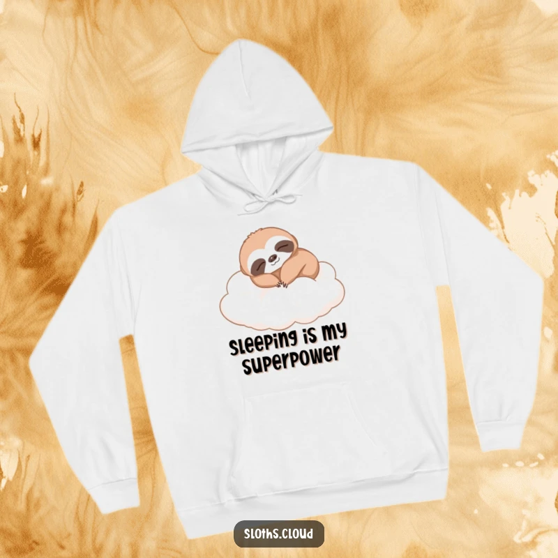 Funny sloth hoodie, comfortably napping on soft, white clouds. Supreme comfort meets humor in this cozy, sleep-themed apparel.