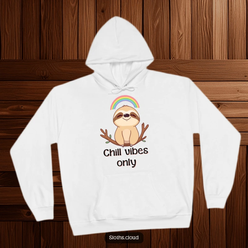 Funny hoodie depicting a content sloth smiling calmly while observing a miniature rainbow, offering a humorous, peaceful aesthetic.
