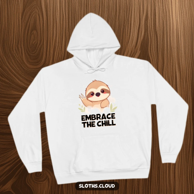 Funny sloth peeking out from behind thick fog, looking shy and giving a small wave on a cozy hoodie.