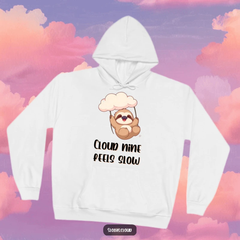 Funny and relaxed sloth gently swinging from a cloud, with a contented sigh, printed on a warm and cozy hoodie.