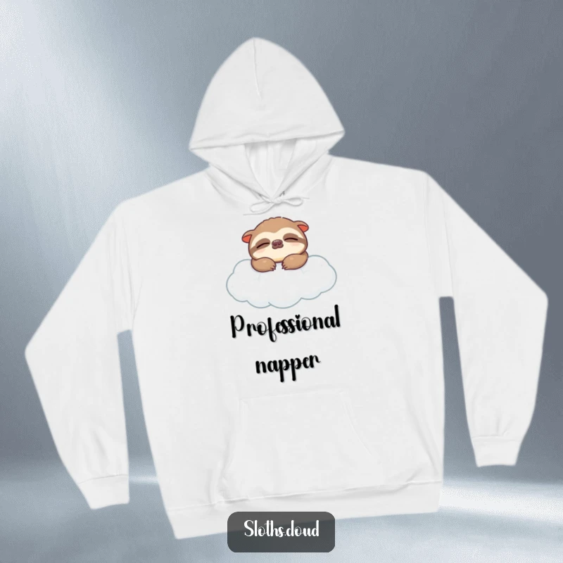 Funny hoodie showcasing a deeply sleeping sloth with closed eyes, resting effortlessly on a pillowy cloud, radiating tranquil vibes.