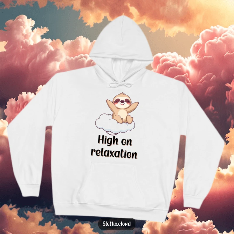 Funny Hoodie: A sloth bounces playfully on a springy cloud with a blissful expression, offering cozy, humorous comfort.