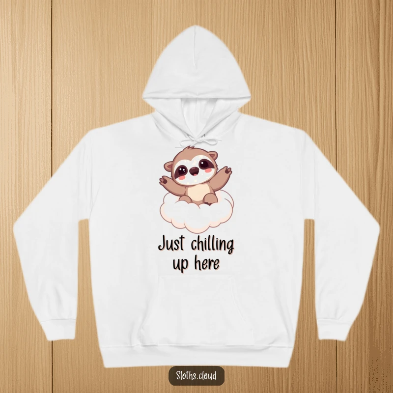 Funny hoodie depicting a kawaii sloth waving from a cloud, offering a cozy and cheerful design for ultimate relaxation and comfort.