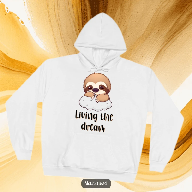 Funny hoodie depicting a sloth gently nudging a fluffy cloud with its nose, offering a sense of playful escapism and humor.