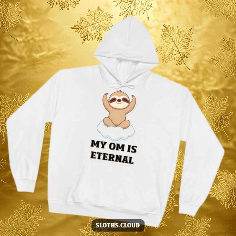 Funny sloth in a gentle yoga pose on a soft cloud, looking completely at ease, printed on a warm and cozy hoodie.