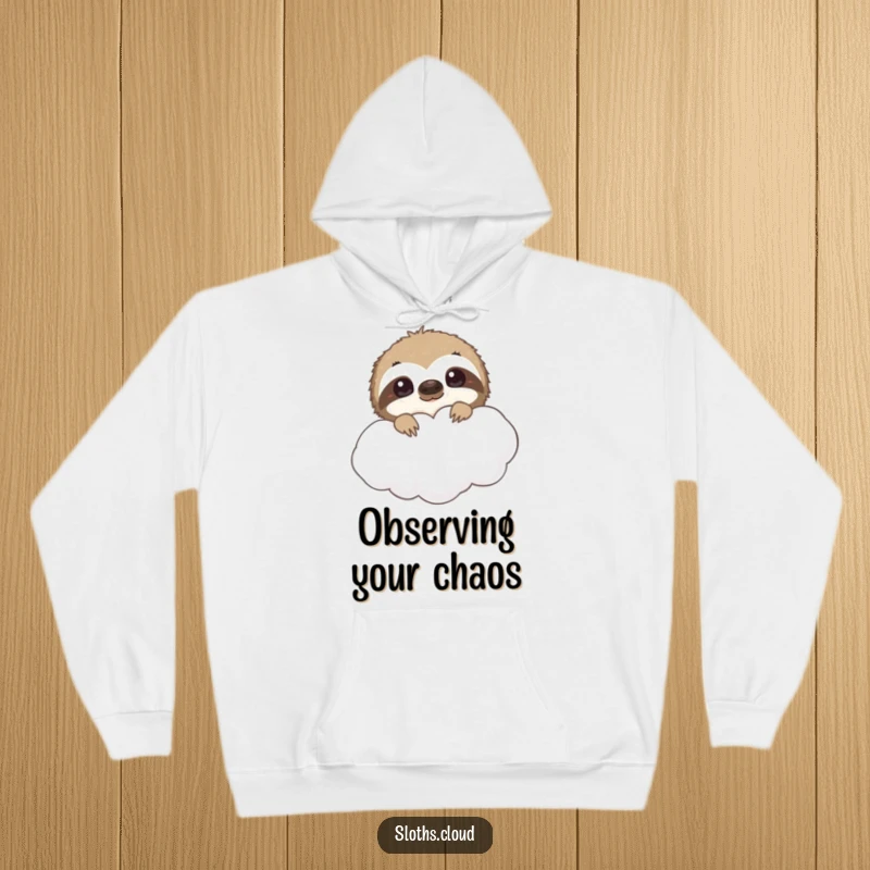 Funny sloth hoodie, peeking from behind a cloud with curious eyes, offering warmth and a touch of playful mystery.