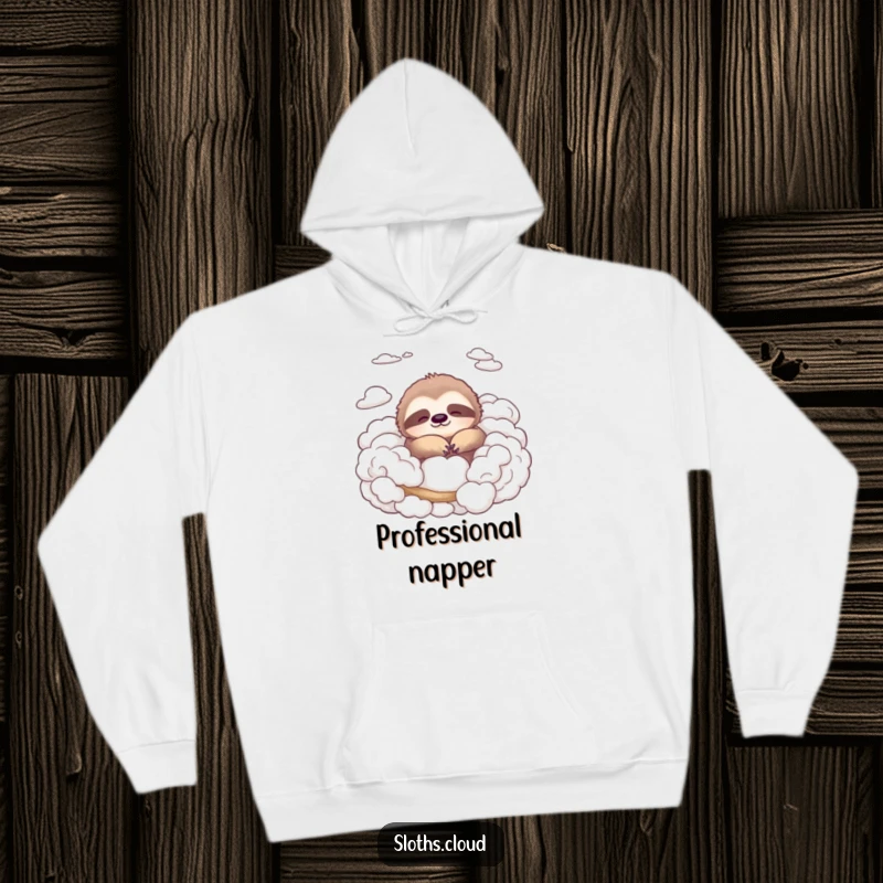 Funny hoodie with a deeply peaceful sloth relaxing amongst soft, fluffy clouds, designed for ultimate comfort and a touch of humor.