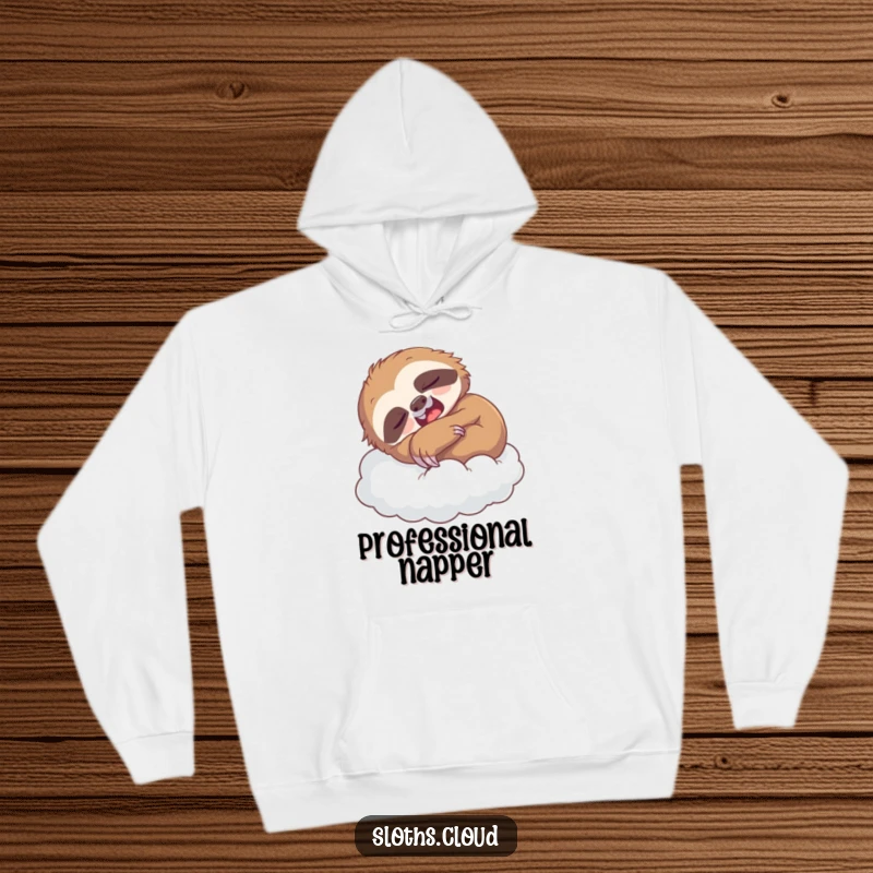 Funny hoodie featuring a sleepy, yawning sloth curled up on a cloud, offering cozy comfort and humorous appeal.